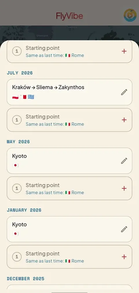 Lista podróży w FlyVibe