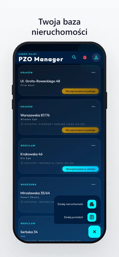 Lista nieruchomości w aplikacji PZO Manager