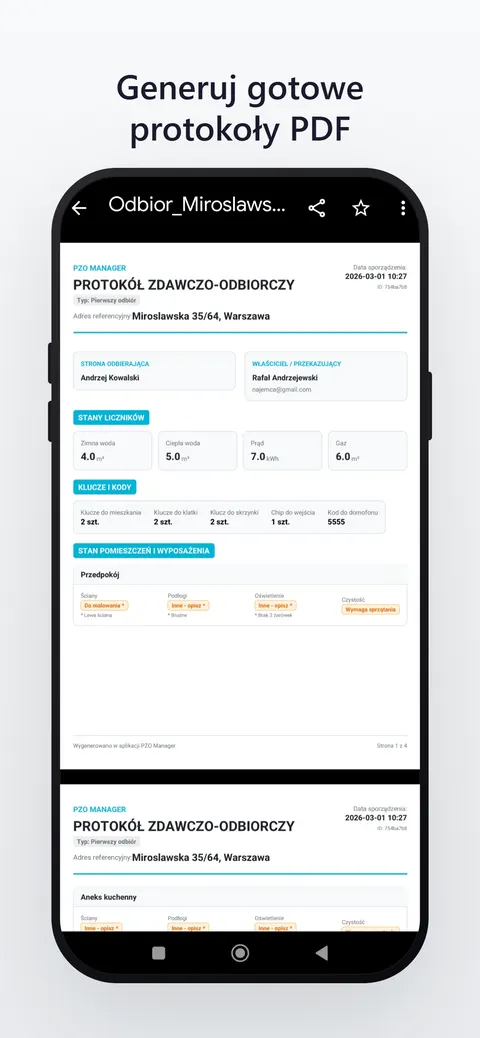 Wygenerowany protokół PDF w PZO Manager